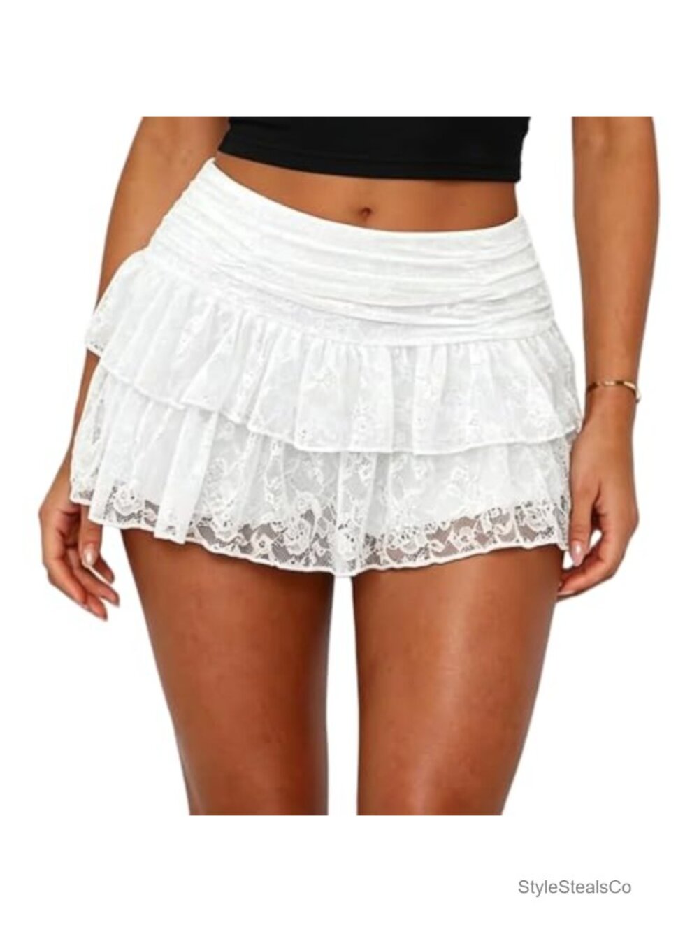 Lace Tiered Mini Skirt Ruffled Pleated Half Slip Low Rise Flowy Short